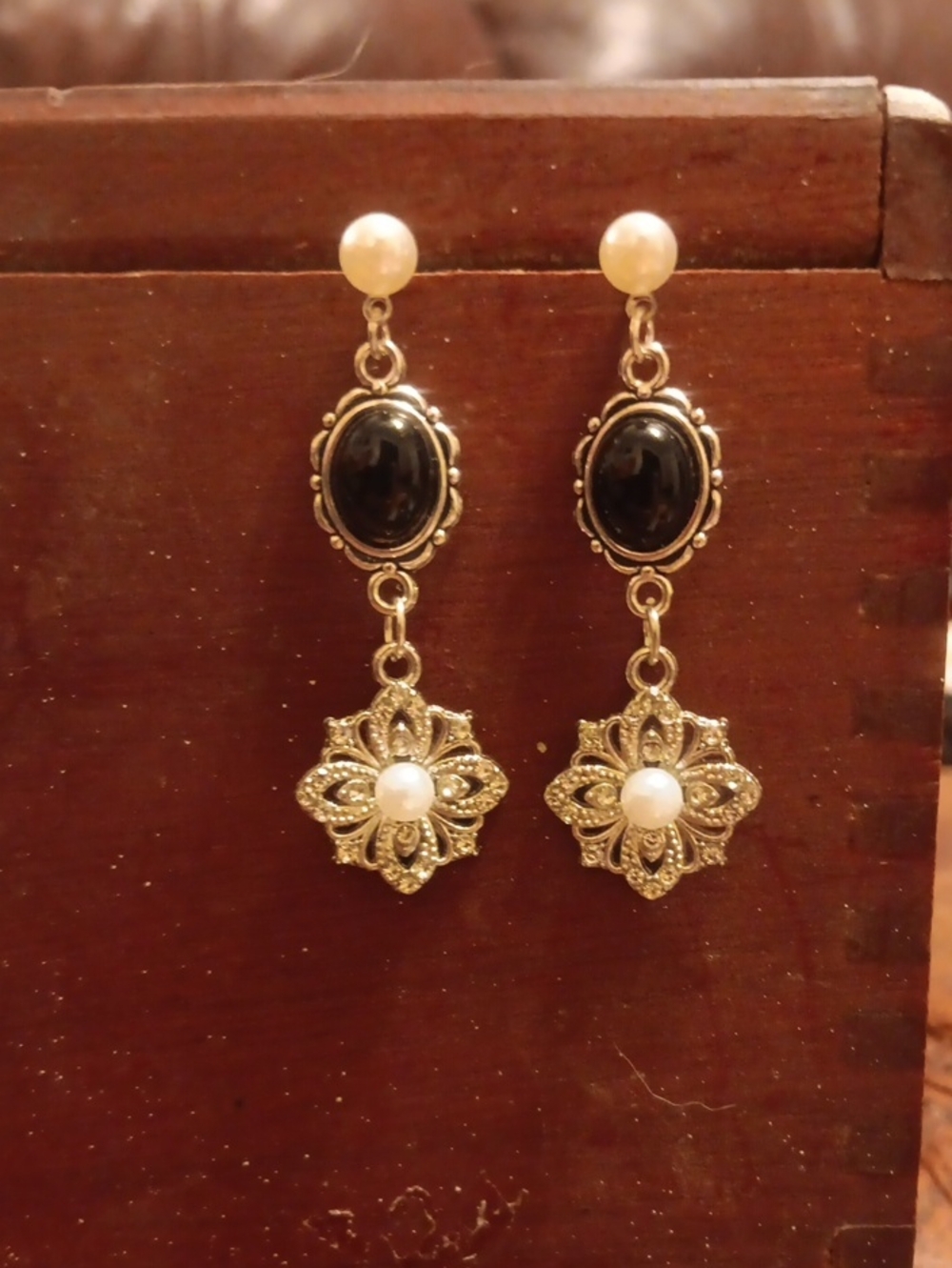 Gold-Tone Filigree Drop Earrings with Black Cabochon and Pearl Accent